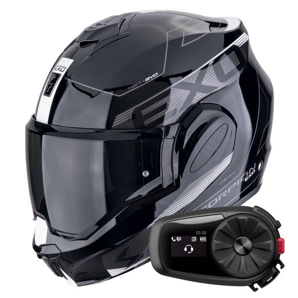 Casque Modulable Scorpion Exo Tech Evo Traveller Black White + Kit Bluetooth 5S Solo