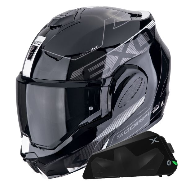 Casque Modulable Scorpion Exo Tech Evo Traveller Black White + Kit bluetooth Exo-Com Link-1C