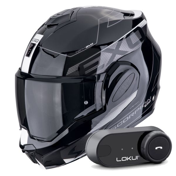 Casque Modulable Scorpion Exo Tech Evo Traveller Black White + Kit Bluetooth Lokui K30