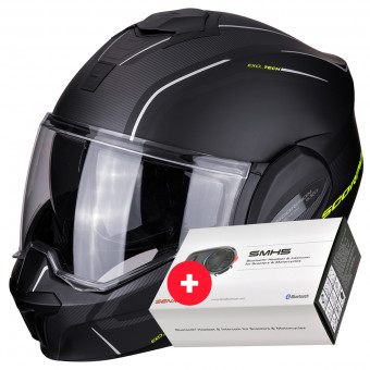 Casque Modulable Scorpion Exo Tech Time-Off Noir Mat Jaune Fluo + Kit Bluetooth Sena SMH5