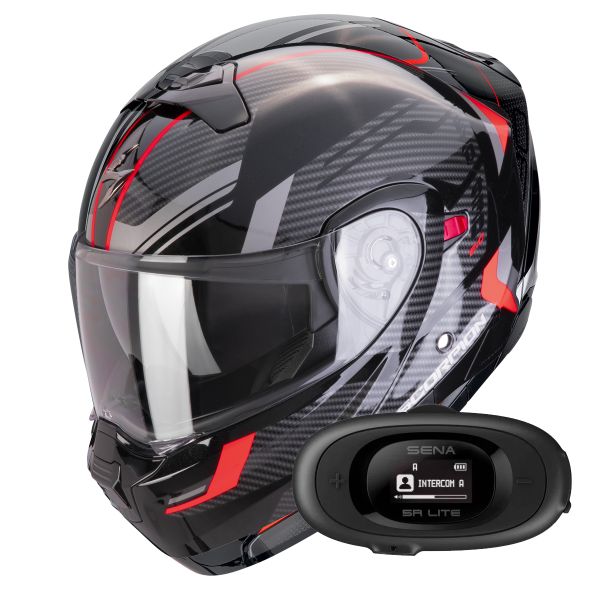 Casque Transformable Scorpion Exo 930 Evo Sikon Black Silver Red + Kit bluetooth 5R Lite