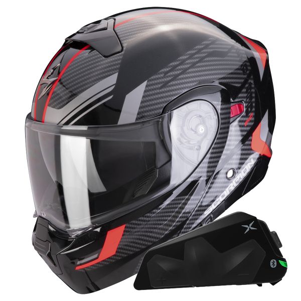 Casque Transformable Scorpion Exo 930 Evo Sikon Black Silver Red + Kit bluetooth Exo-Com Link-1C