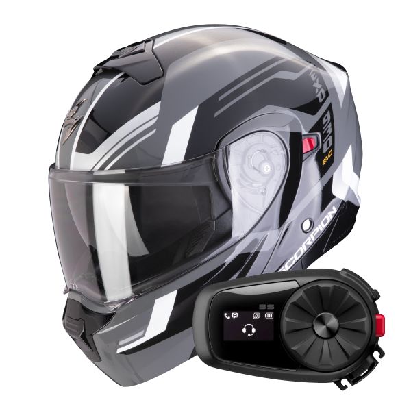 Casque Transformable Scorpion Exo 930 Evo Sikon Grey Black White + Kit Bluetooth 5S Solo