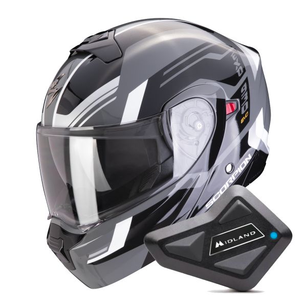 Casque Transformable Scorpion Exo 930 Evo Sikon Grey Black White + Kit Bluetooth BT Mini