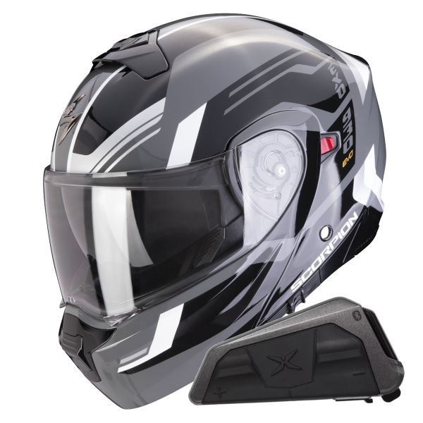 Casque Transformable Scorpion Exo 930 Evo Sikon Grey Black White + Kit bluetooth Exo-Com Link-1