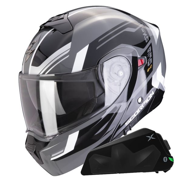 Casque Transformable Scorpion Exo 930 Evo Sikon Grey Black White + Kit bluetooth Exo-Com Link-1C