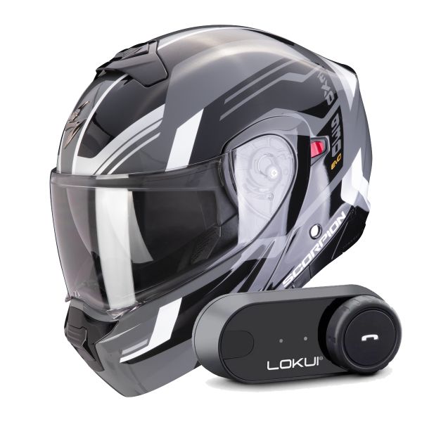 Casque Transformable Scorpion Exo 930 Evo Sikon Grey Black White + Kit Bluetooth Lokui K30