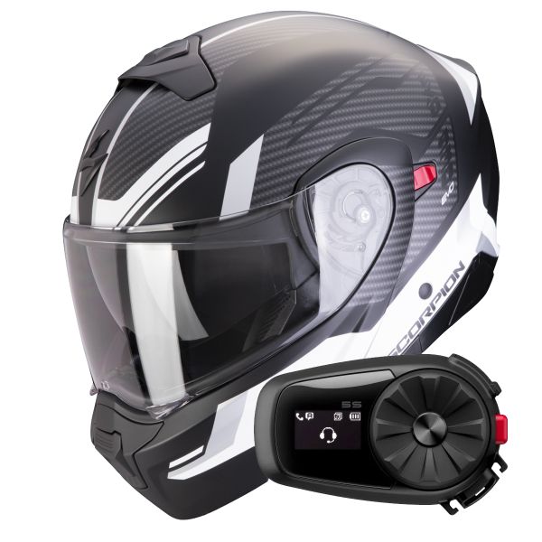 Casque Transformable Scorpion Exo 930 Evo Sikon Matt Black White + Kit Bluetooth 5S Solo