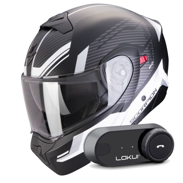 Casque Transformable Scorpion Exo 930 Evo Sikon Matt Black White + Kit Bluetooth Lokui K30