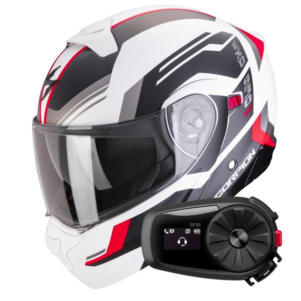 Casque Transformable Scorpion Exo 930 Evo Sikon Matt White Black Red + Kit Bluetooth 5S Solo