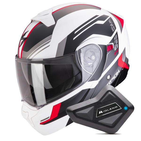 Casque Transformable Scorpion Exo 930 Evo Sikon Matt White Black Red + Kit Bluetooth BT Mini
