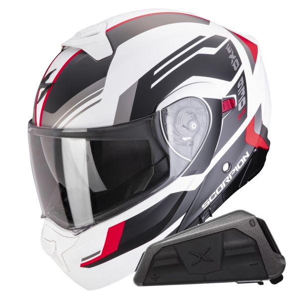 Casque Transformable Scorpion Exo 930 Evo Sikon Matt White Black Red + Kit bluetooth Exo-Com Link-1