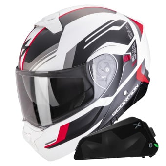 Casque Transformable Scorpion Exo 930 Evo Sikon Matt White Black Red + Kit bluetooth Exo-Com Link-1C