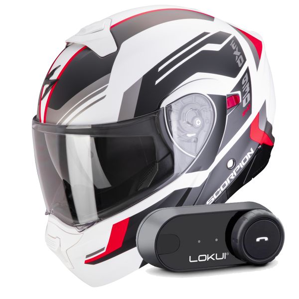 Casque Transformable Scorpion Exo 930 Evo Sikon Matt White Black Red + Kit Bluetooth Lokui K30