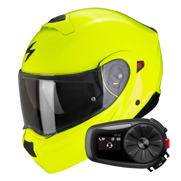 Casque Transformable Scorpion Exo 930 Evo Solid Neon Yellow + Kit Bluetooth 5S Solo Casque Transformable Scorpion Exo 930 Evo Solid Neon Yellow + Kit Bluetooth 5S Solo