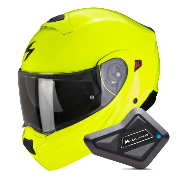 Casque Transformable Scorpion Exo 930 Evo Solid Neon Yellow + Kit Bluetooth BT Mini Casque Transformable Scorpion Exo 930 Evo Solid Neon Yellow + Kit Bluetooth BT Mini