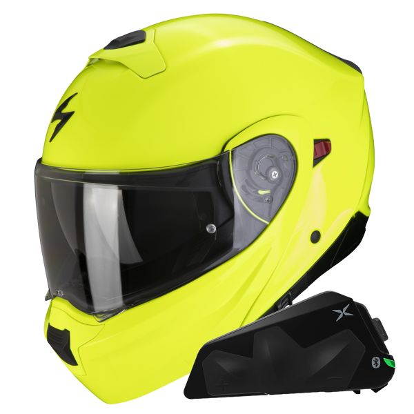 Casque Transformable Scorpion Exo 930 Evo Solid Neon Yellow + Kit bluetooth Exo-Com Link-1C Casque Transformable Scorpion Exo 930 Evo Solid Neon Yellow + Kit bluetooth Exo-Com Link-1C