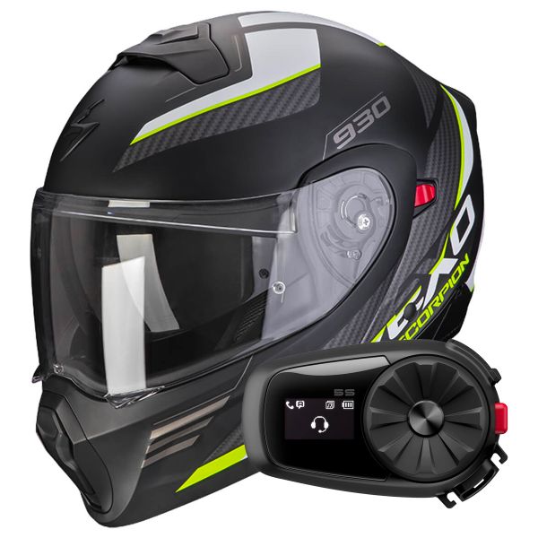 Casque Transformable Scorpion Exo 930 Navig Black Matt Yellow Fluo + Kit Bluetooth 5S
