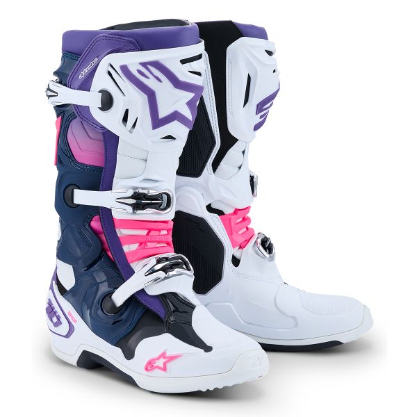 Bottes Cross Alpinestars Tech 10 White Violet Navy Blue Pink Fluo