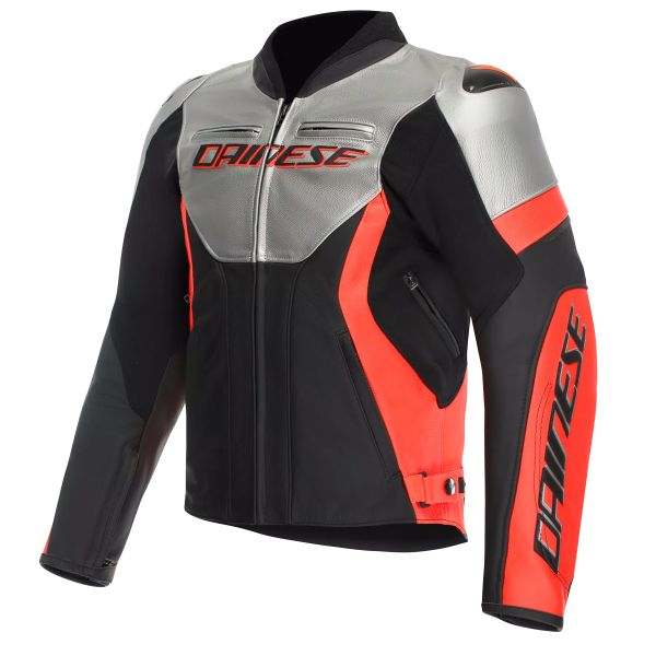 Blouson Moto Dainese Racing 5 Leather Silver Black Red Fluo