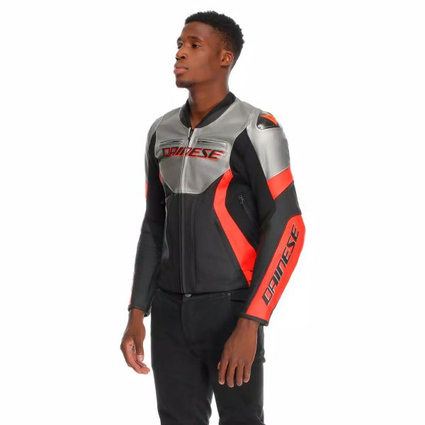 Dainese Racing 5 Leather Silver Black Red Fluo