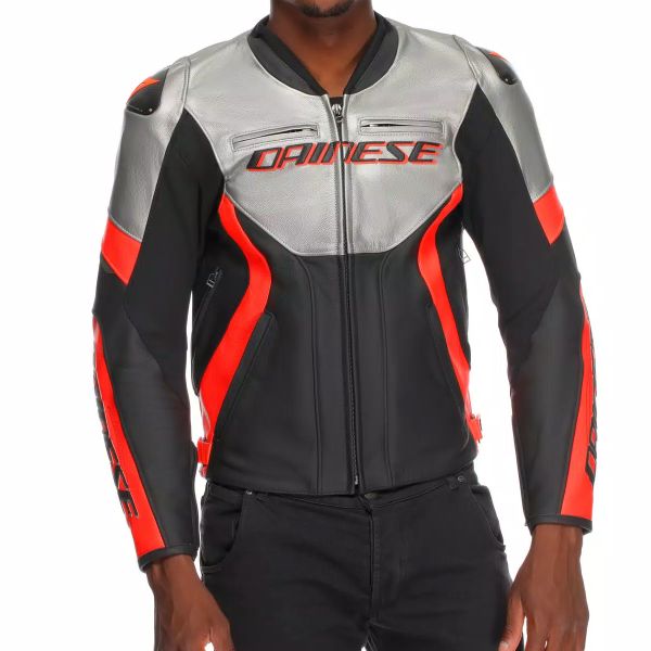 Dainese Racing 5 Leather Silver Black Red Fluo