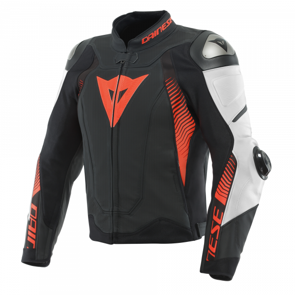 Blouson Moto Dainese Super Speed 4 Leather Perf Black Matt White Fluo Red Blouson Moto Dainese Super Speed 4 Leather Perf Black Matt White Fluo Red