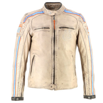 Blouson Moto Helstons Clubman Leather Beige Orange Sky Blue