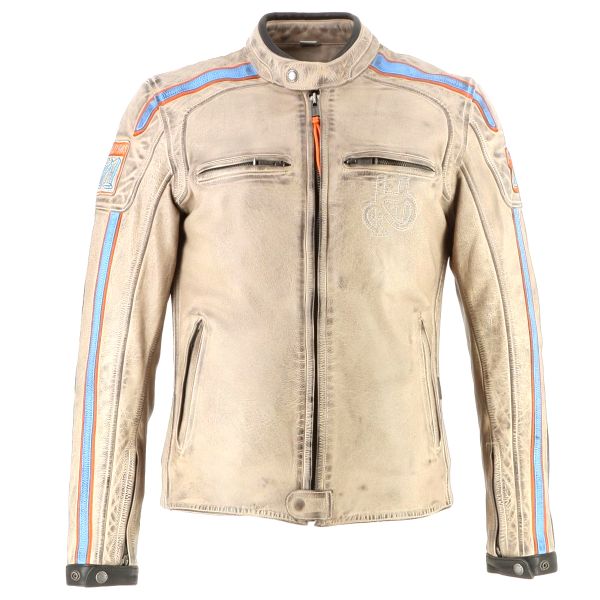Blouson Moto Helstons Clubman Leather Beige Orange Sky Blue