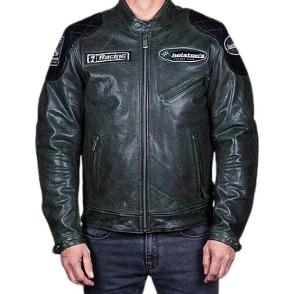 Blouson Moto Helstons Trevor Leather Rag Green Black Blouson Moto Helstons Trevor Leather Rag Green Black