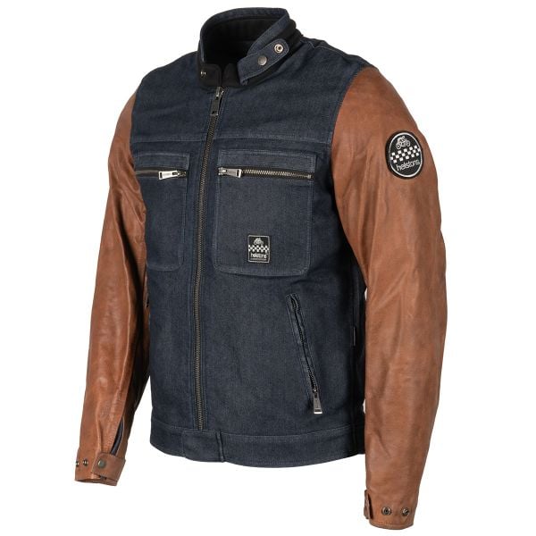 Blouson Moto Helstons Winston Coton Leather Blue Tan Blouson Moto Helstons Winston Coton Leather Blue Tan