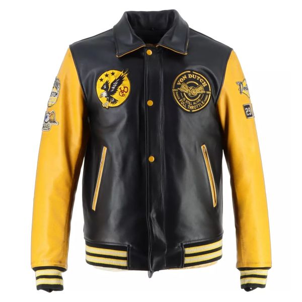 Blouson Moto Von Dutch Brooklyn Leather Wash Black Yellow