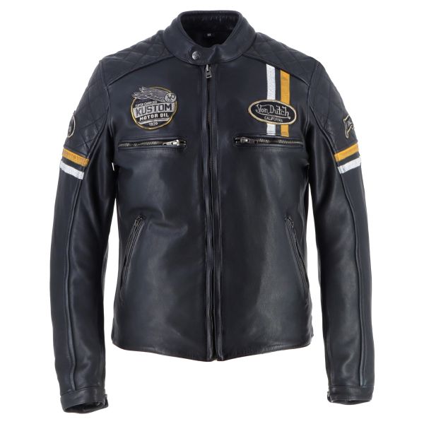 Blouson Moto Von Dutch Race Now Leather Black White Yellow