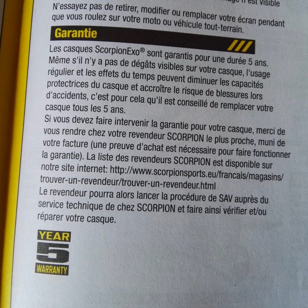 garantie casque 5 ans de scorpion helmets 1